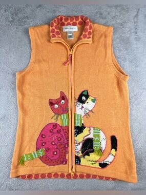 Susan Bristol Cats Sweater Vest M Kitten Embroidered Beaded Full Zip Colorful